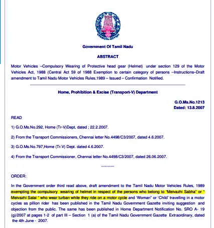 meivazhi sabha helmet exempting tn government abstract  
